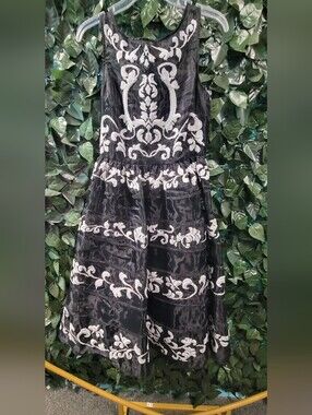 bebe Black Midi Dress with White Embroidered Scrolls